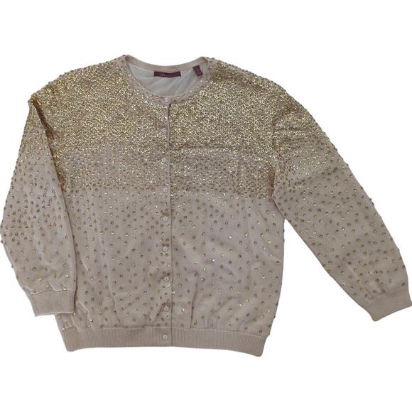 525 America Cream Gold Cashmere Blend All Over Beaded Cardigan Women Size L VTG - Picture 1 of 10